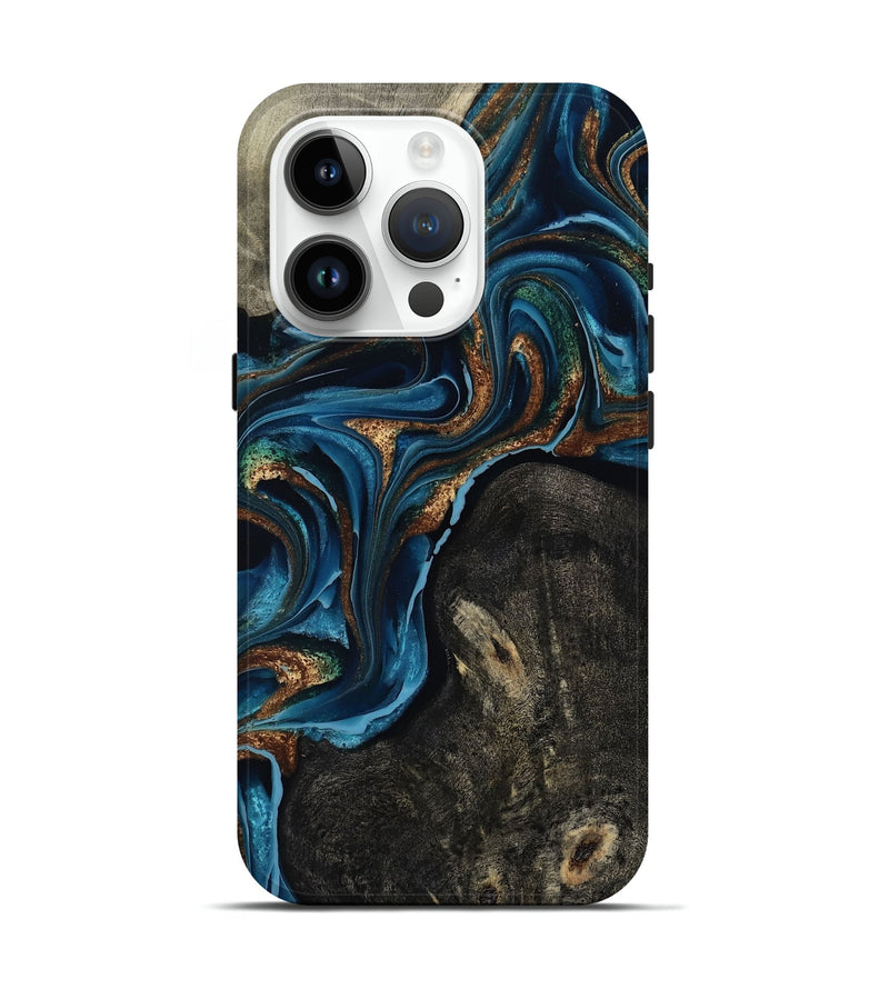 iPhone 15 Pro Wood Live Edge Phone Case - Bree (Teal & Gold, 801109)
