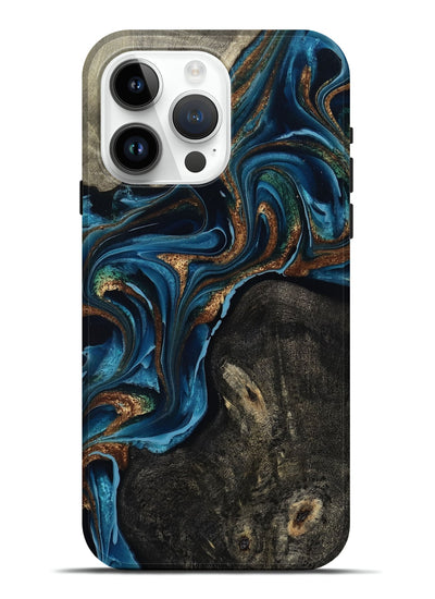 iPhone 15 Pro Max Wood Live Edge Phone Case - Bree (Teal & Gold, 801109)