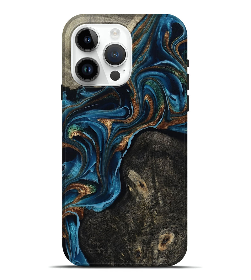 iPhone 15 Pro Max Wood Live Edge Phone Case - Bree (Teal & Gold, 801109)
