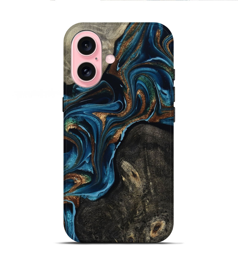 iPhone 16 Wood Live Edge Phone Case - Bree (Teal & Gold, 801109)