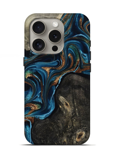 iPhone 16 Pro Wood Live Edge Phone Case - Bree (Teal & Gold, 801109)