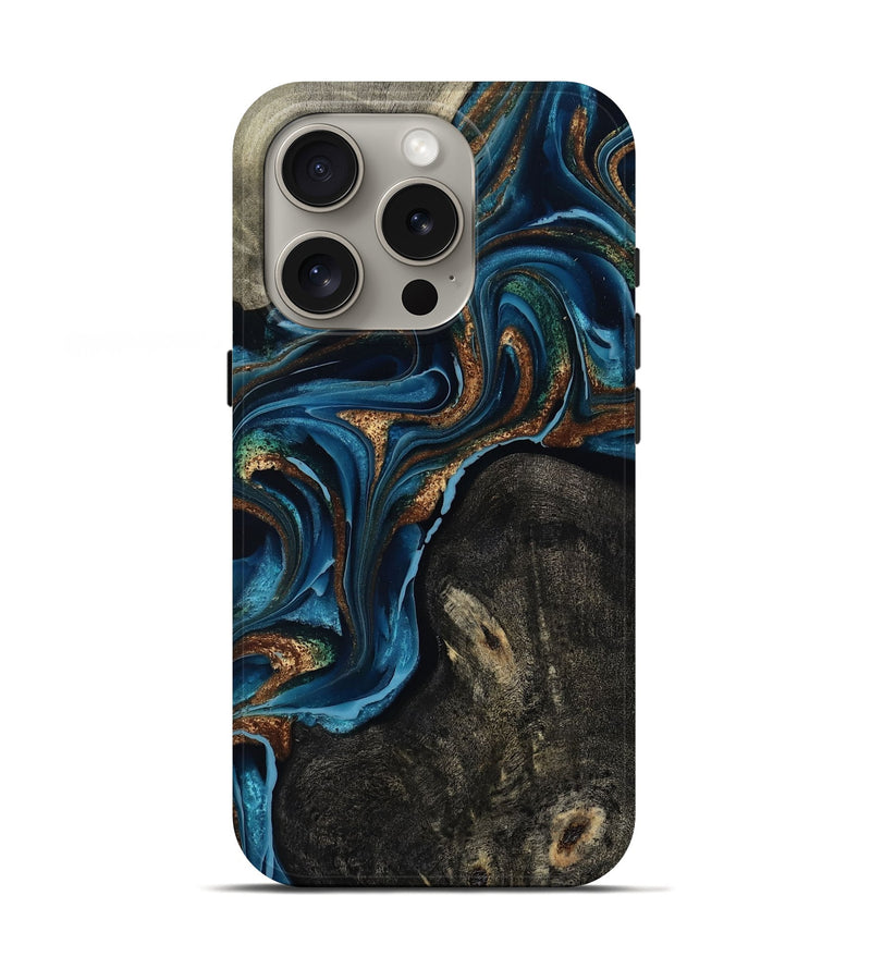 iPhone 16 Pro Wood Live Edge Phone Case - Bree (Teal & Gold, 801109)