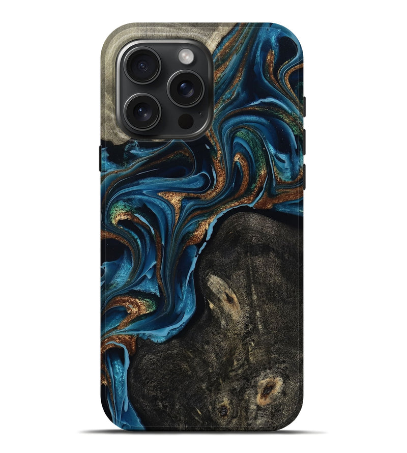 iPhone 16 Pro Max Wood Live Edge Phone Case - Bree (Teal & Gold, 801109)