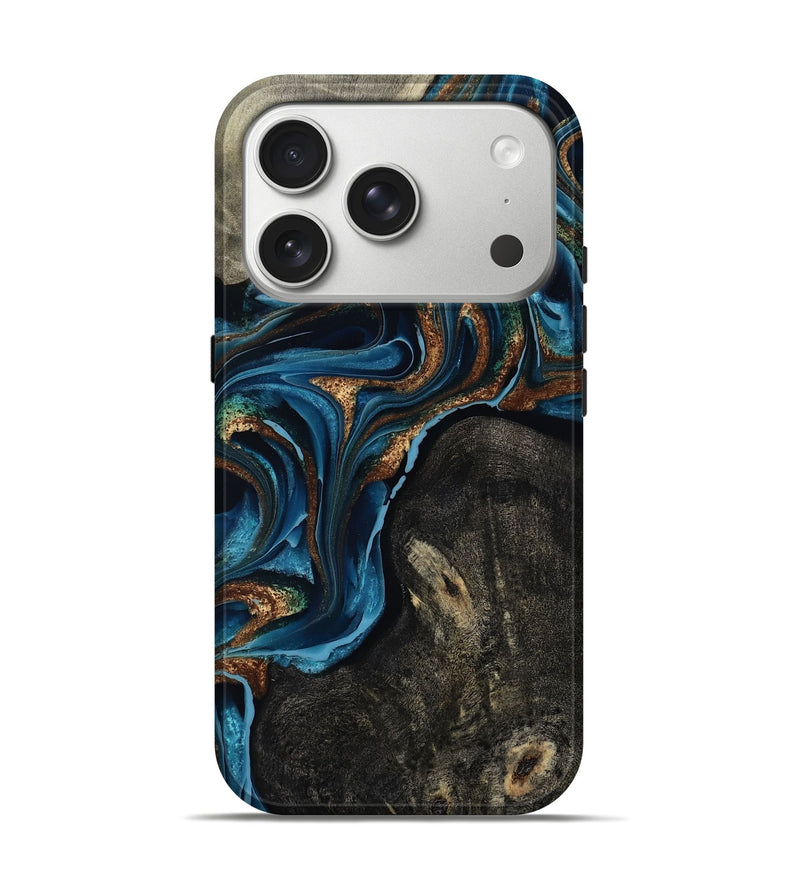 iPhone 17 Pro Wood Live Edge Phone Case - Bree (Teal & Gold, 801109)