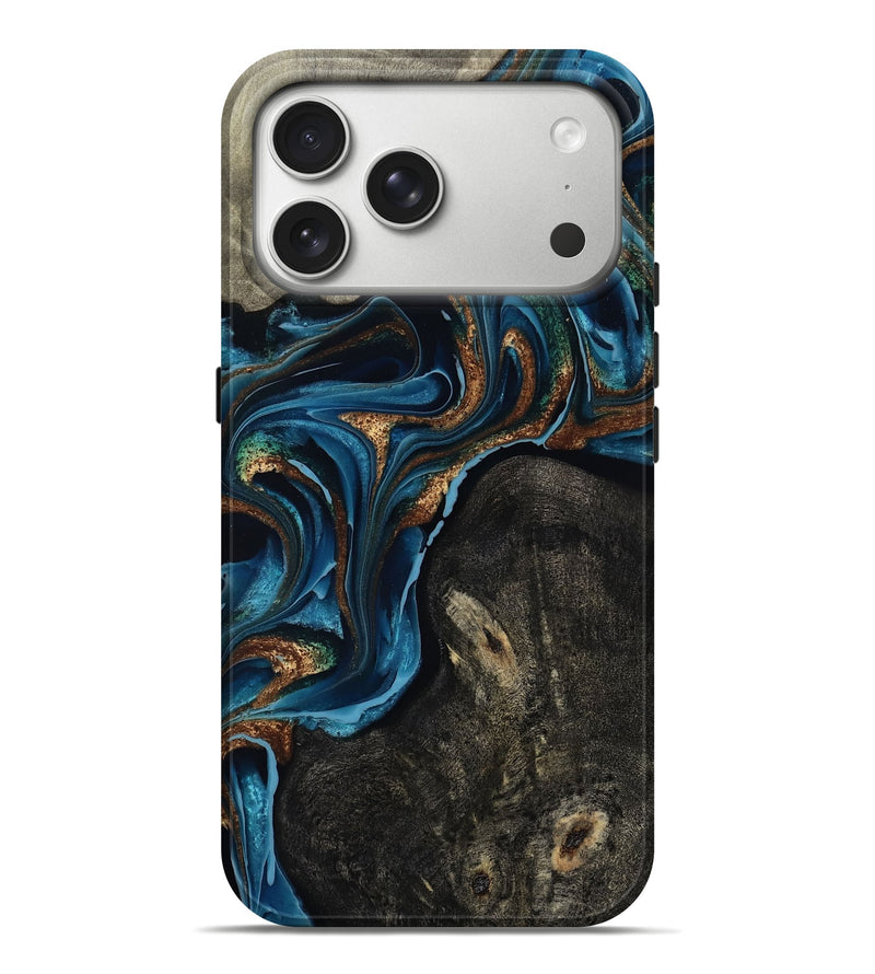 iPhone 17 Pro Max Wood Live Edge Phone Case - Bree (Teal & Gold, 801109)