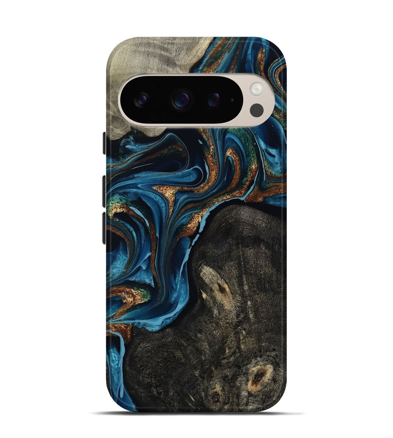 Pixel 9 Pro Wood Live Edge Phone Case - Bree (Teal & Gold, 801109)