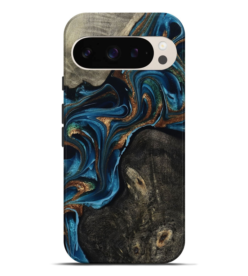 Pixel 9 Pro XL Wood Live Edge Phone Case - Bree (Teal & Gold, 801109)