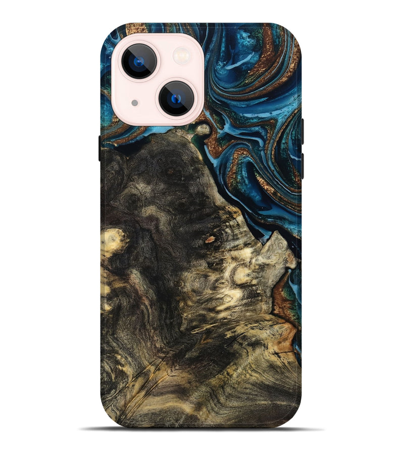 iPhone 14 Plus Wood Live Edge Phone Case - Maxine (Teal & Gold, 801117)