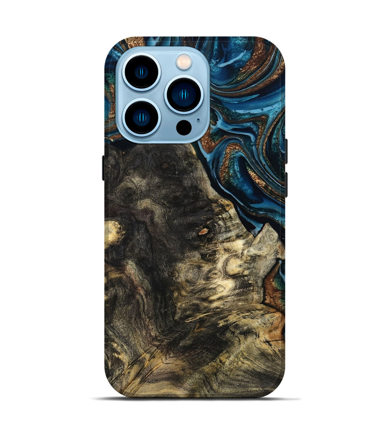 iPhone 14 Pro Wood Live Edge Phone Case - Maxine (Teal & Gold, 801117)