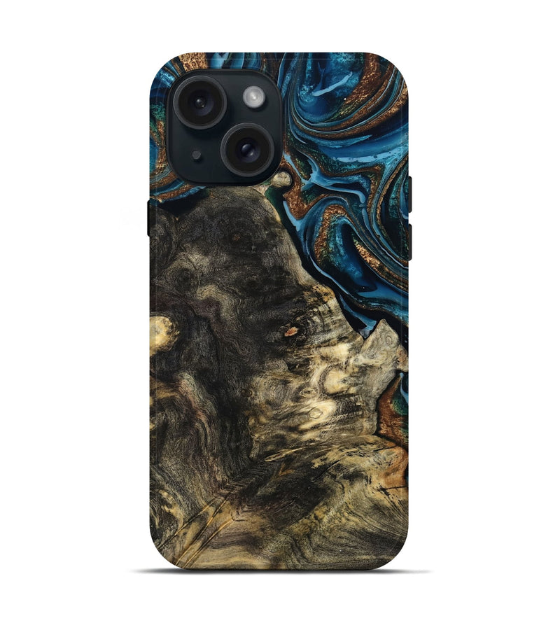iPhone 15 Wood Live Edge Phone Case - Maxine (Teal & Gold, 801117)