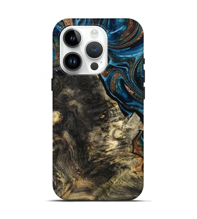 iPhone 15 Pro Wood Live Edge Phone Case - Maxine (Teal & Gold, 801117)