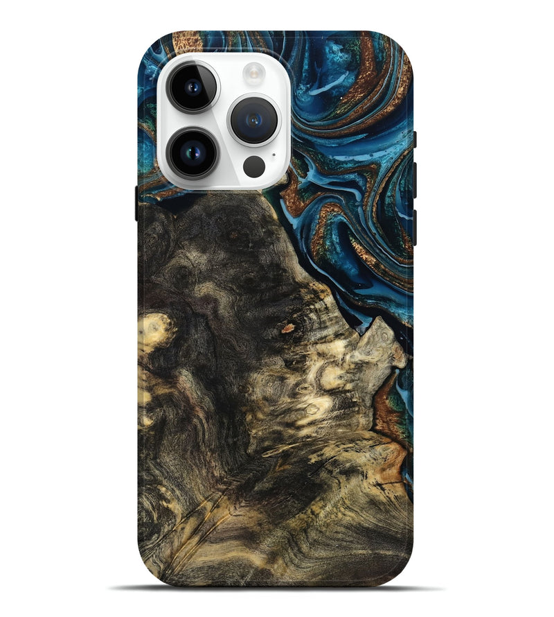iPhone 15 Pro Max Wood Live Edge Phone Case - Maxine (Teal & Gold, 801117)
