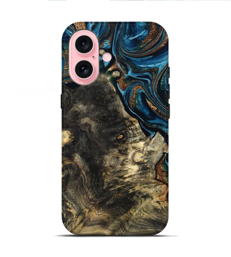 iPhone 16 Wood Live Edge Phone Case - Maxine (Teal & Gold, 801117)