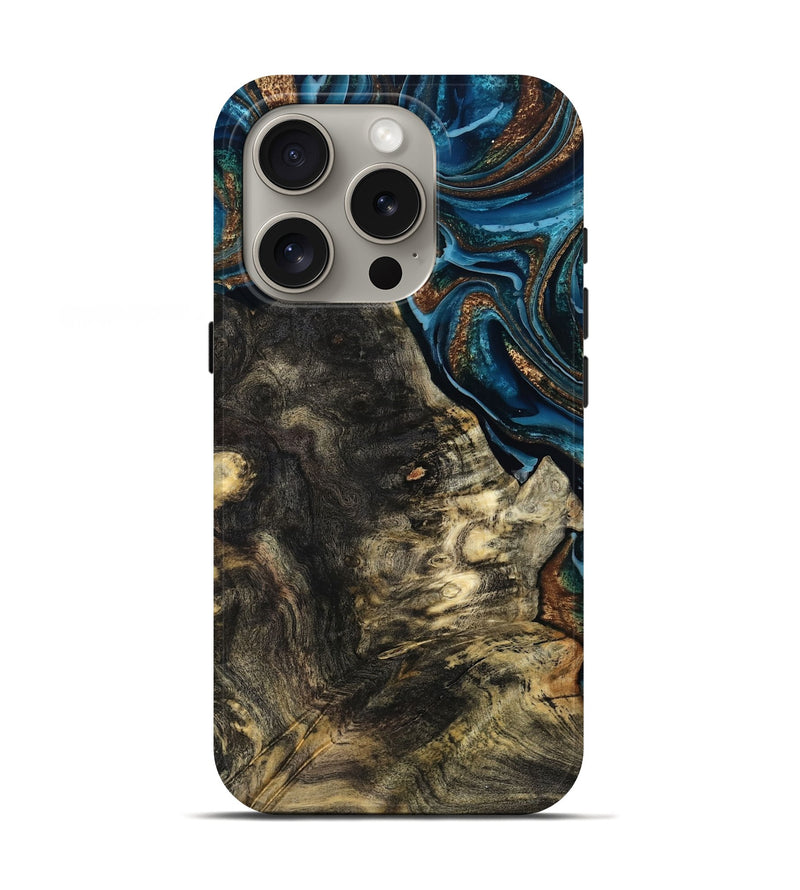 iPhone 16 Pro Wood Live Edge Phone Case - Maxine (Teal & Gold, 801117)