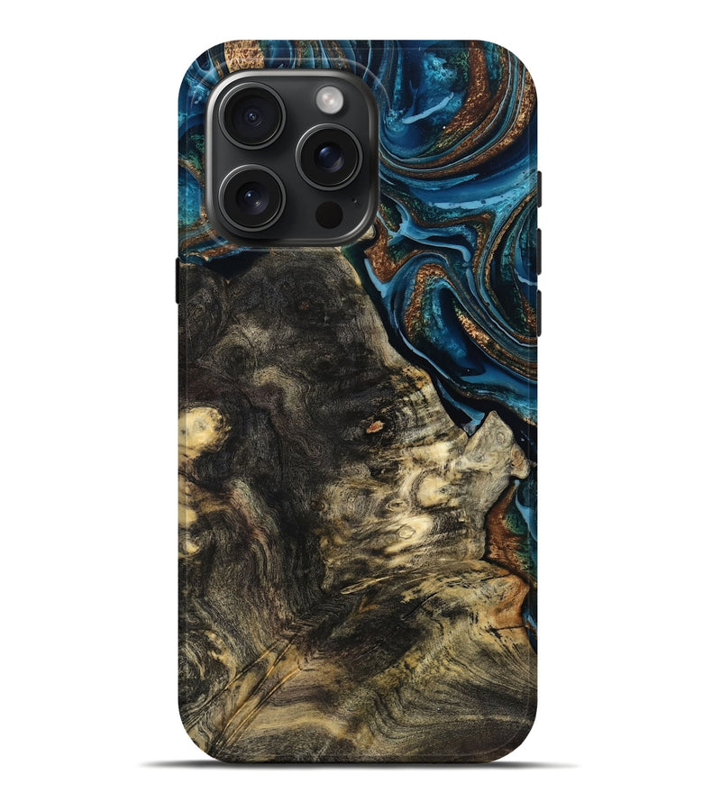 iPhone 16 Pro Max Wood Live Edge Phone Case - Maxine (Teal & Gold, 801117)
