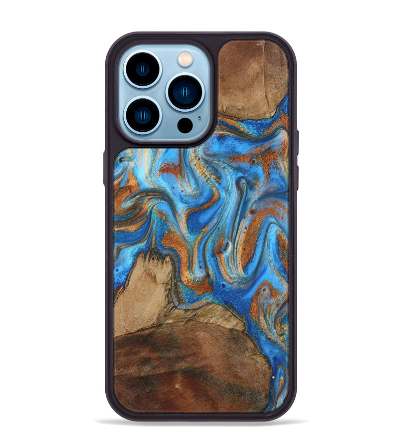 iPhone 14 Pro Max Wood Phone Case - Jayde (Teal & Gold, 801313)
