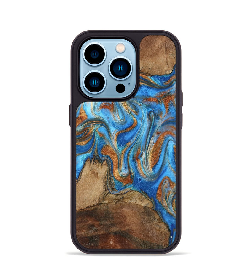 iPhone 14 Pro Wood Phone Case - Jayde (Teal & Gold, 801313)