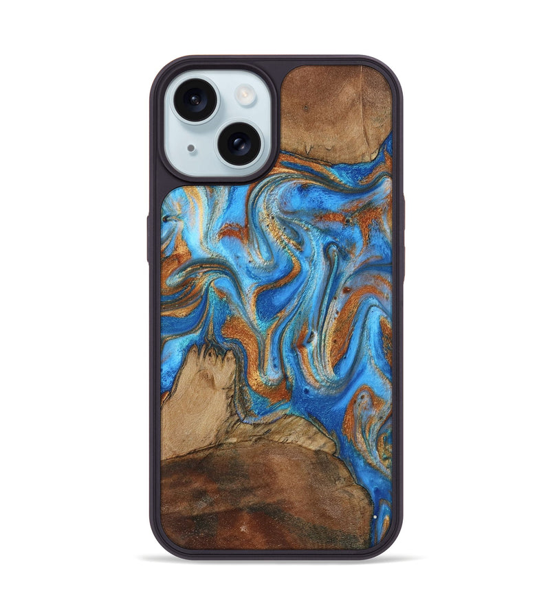 iPhone 15 Wood Phone Case - Jayde (Teal & Gold, 801313)