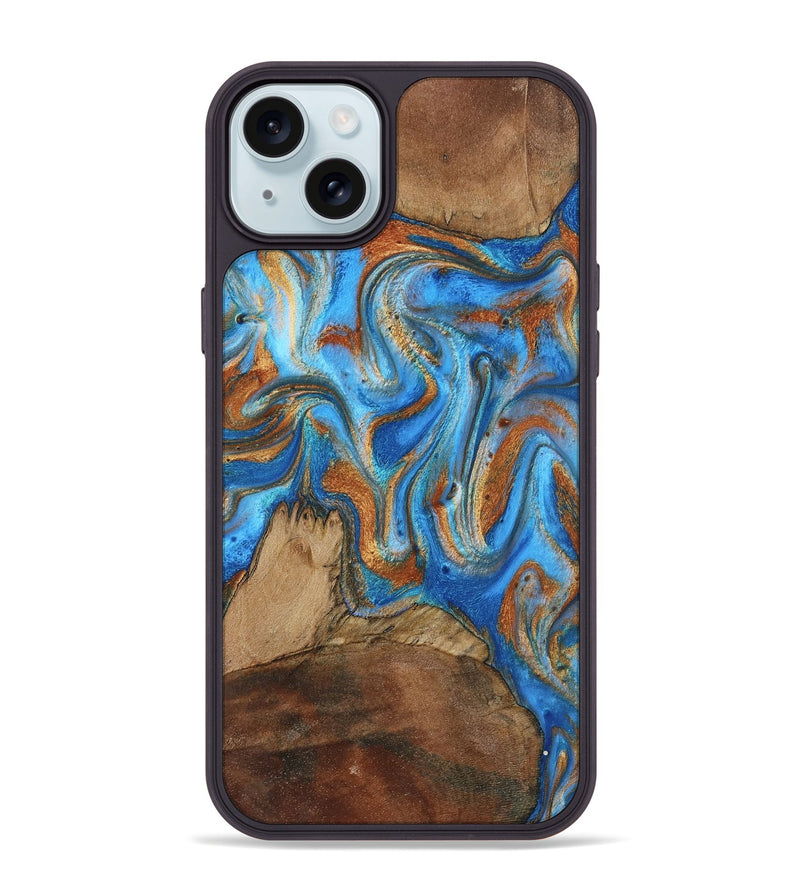 iPhone 15 Plus Wood Phone Case - Jayde (Teal & Gold, 801313)