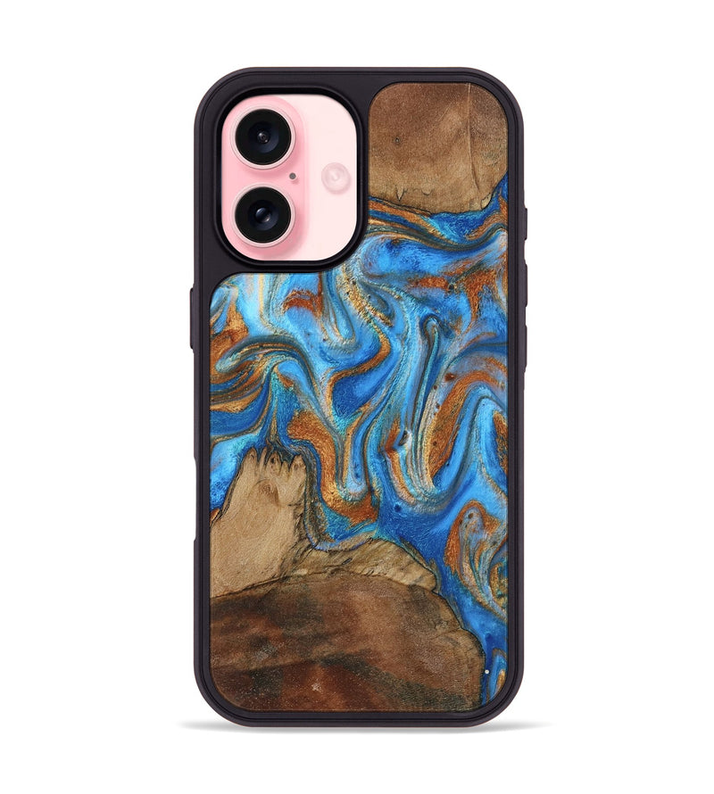 iPhone 16 Wood Phone Case - Jayde (Teal & Gold, 801313)