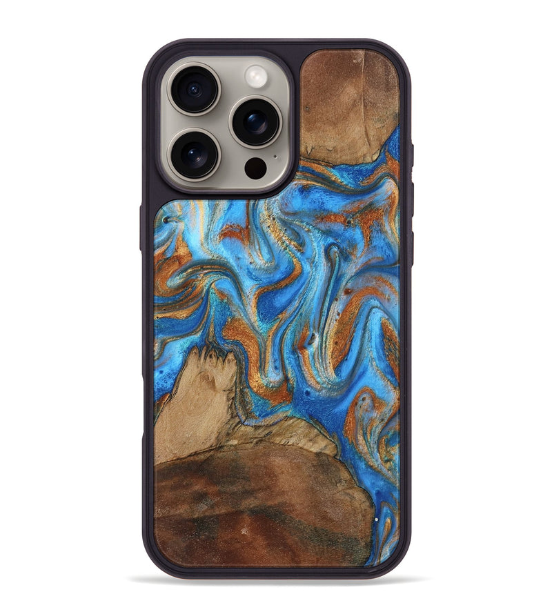 iPhone 16 Pro Max Wood Phone Case - Jayde (Teal & Gold, 801313)