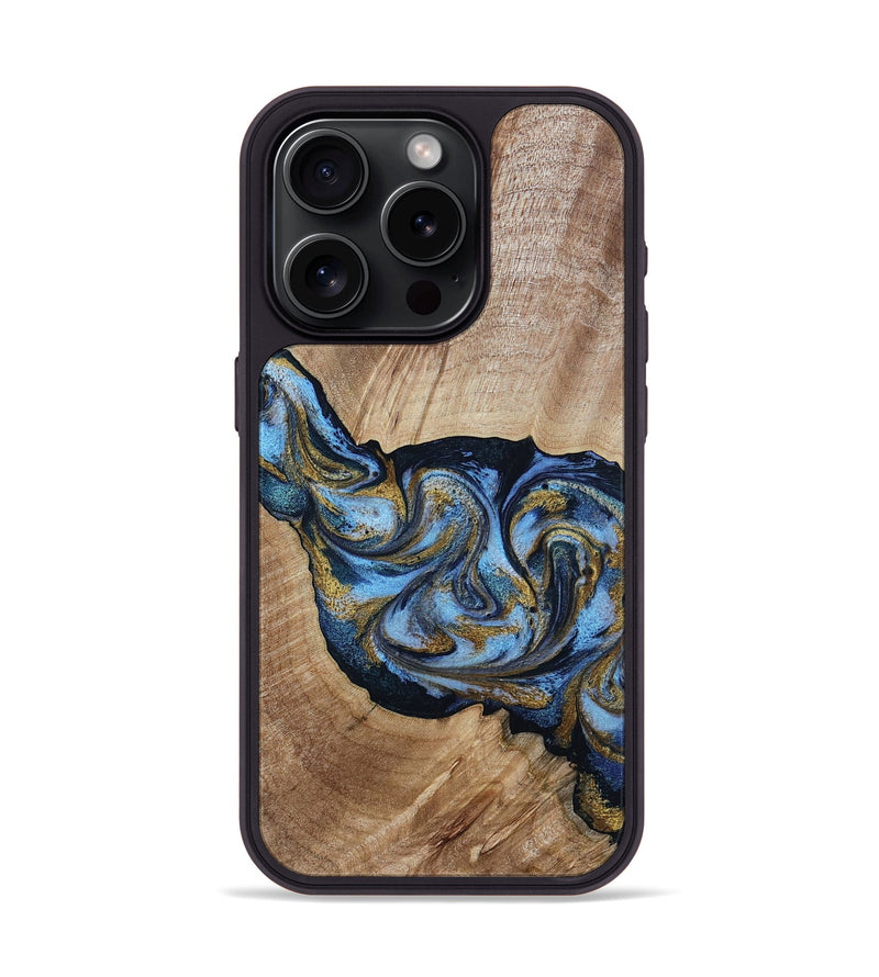 iPhone 15 Pro Wood Phone Case - Alene (Teal & Gold, 801314)