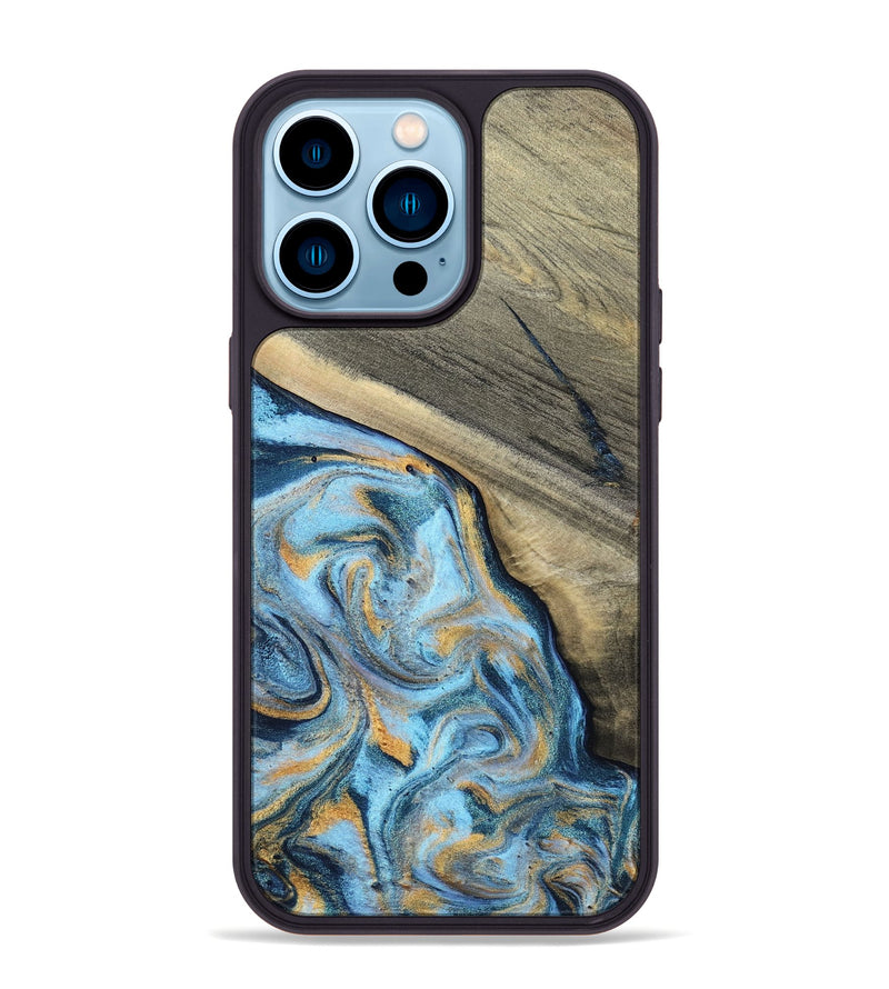 iPhone 14 Pro Max Wood Phone Case - Leia (Teal & Gold, 801317)