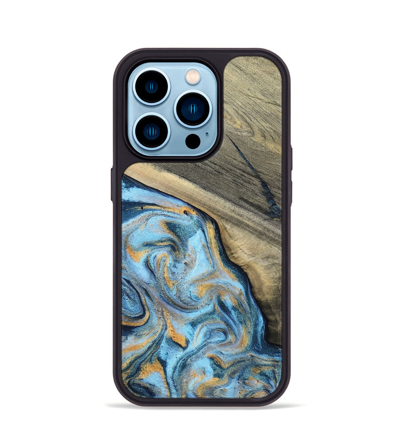 iPhone 14 Pro Wood Phone Case - Leia (Teal & Gold, 801317)