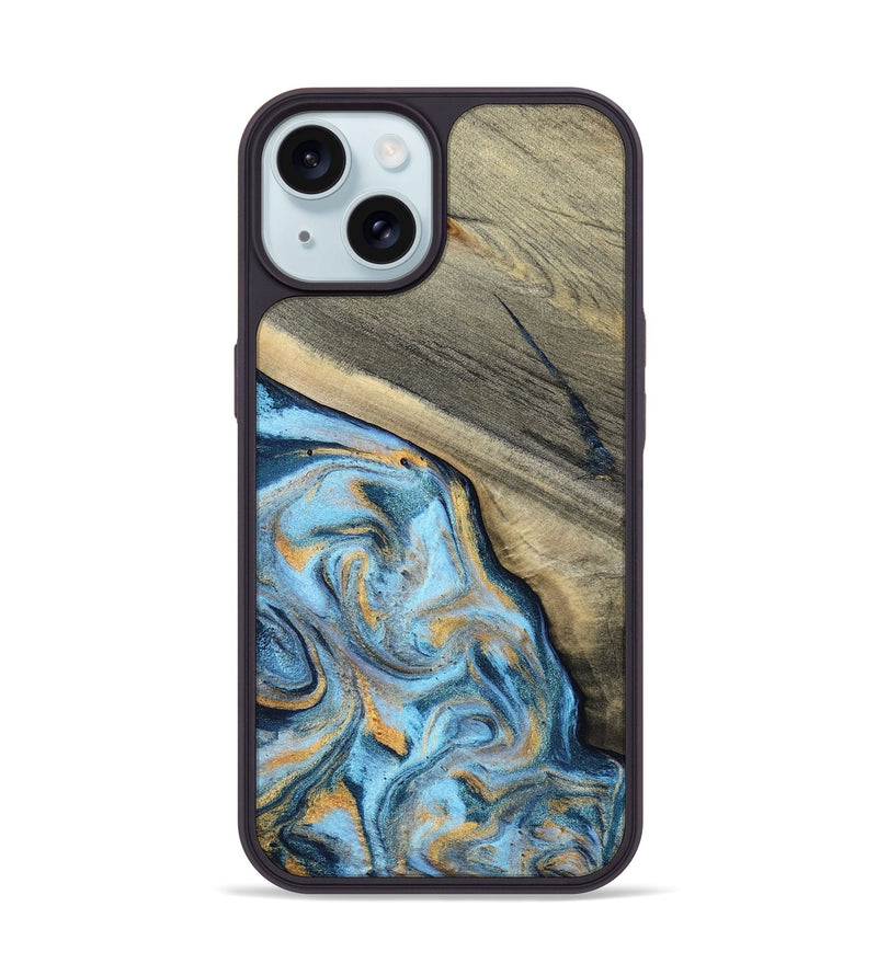 iPhone 15 Wood Phone Case - Leia (Teal & Gold, 801317)