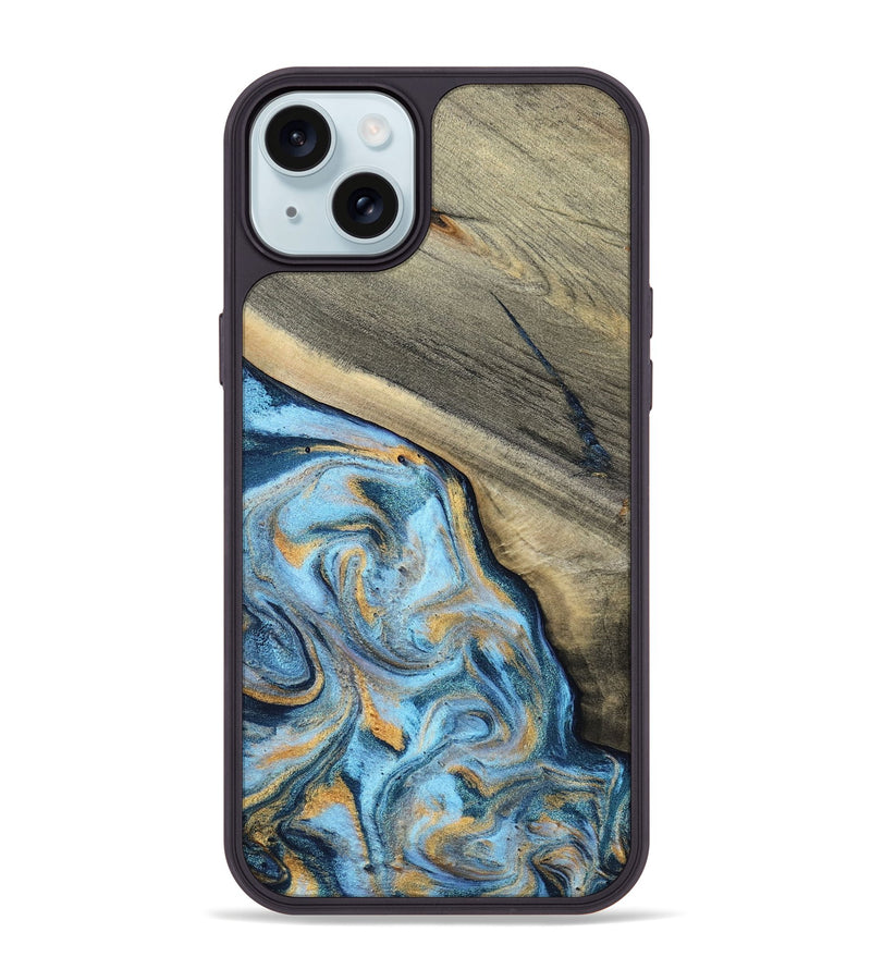 iPhone 15 Plus Wood Phone Case - Leia (Teal & Gold, 801317)