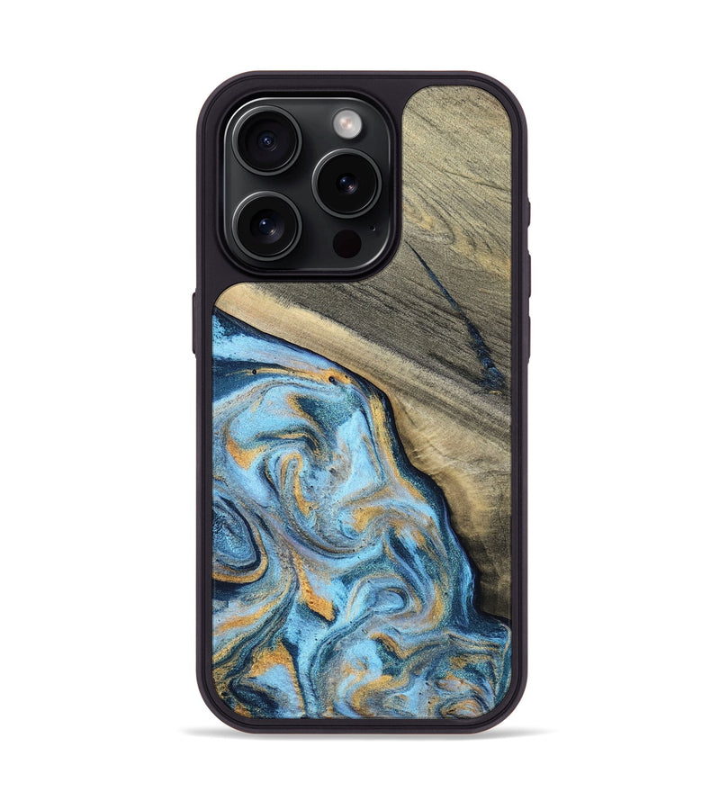 iPhone 15 Pro Wood Phone Case - Leia (Teal & Gold, 801317)