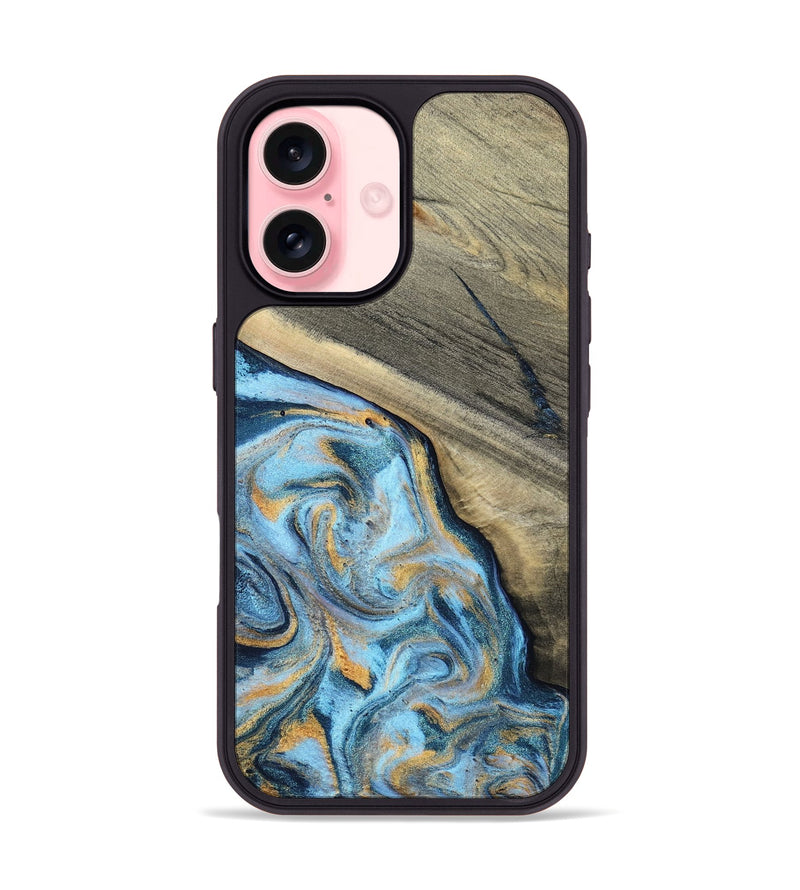 iPhone 16 Wood Phone Case - Leia (Teal & Gold, 801317)