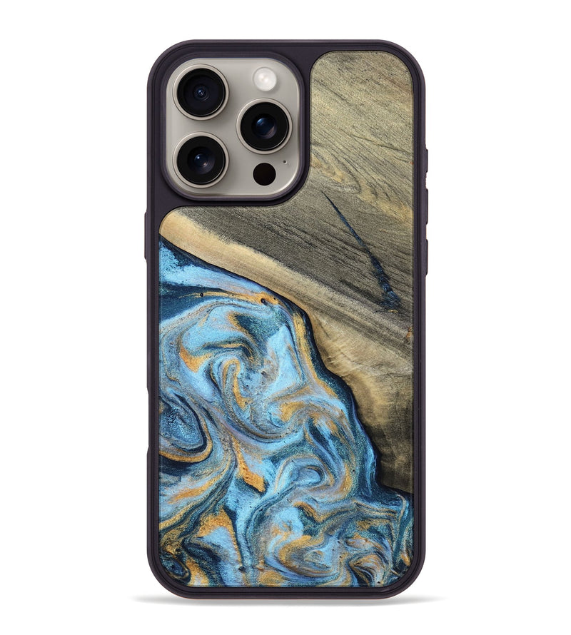 iPhone 16 Pro Max Wood Phone Case - Leia (Teal & Gold, 801317)
