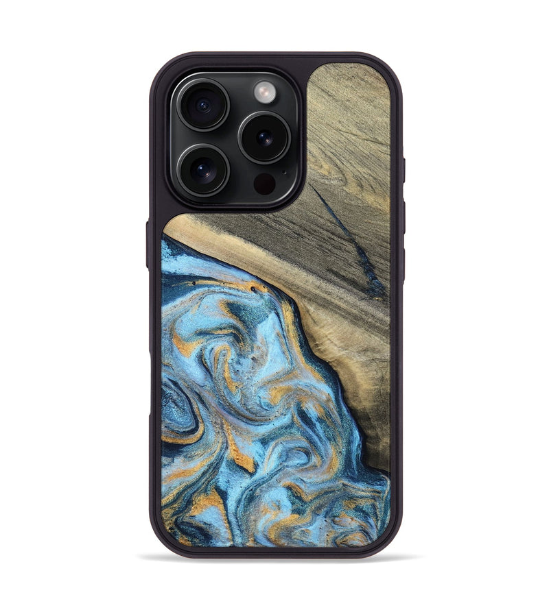 iPhone 16 Pro Wood Phone Case - Leia (Teal & Gold, 801317)