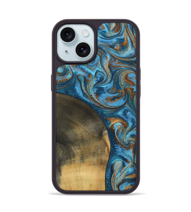 iPhone 15 Wood Phone Case - Akira (Teal & Gold, 801435)