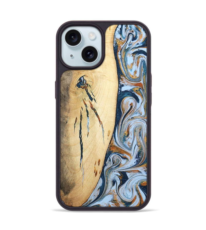 iPhone 15 Wood Phone Case - Betty (Teal & Gold, 801436)
