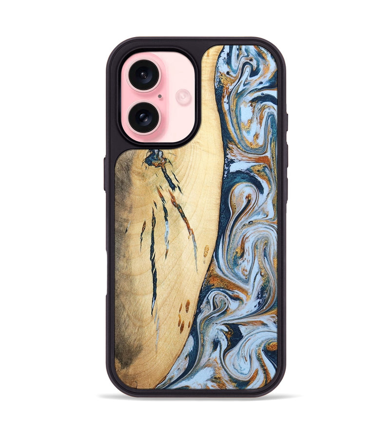 iPhone 16 Wood Phone Case - Betty (Teal & Gold, 801436)