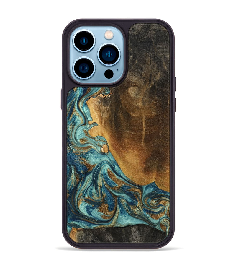 iPhone 14 Pro Max Wood Phone Case - Linwood (Teal & Gold, 801455)