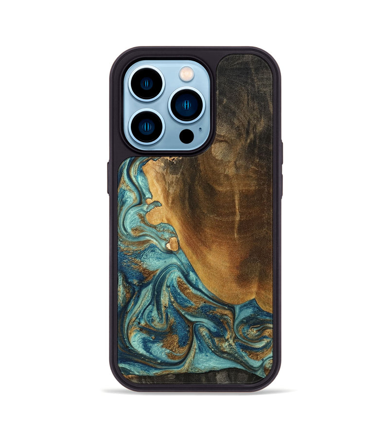 iPhone 14 Pro Wood Phone Case - Linwood (Teal & Gold, 801455)