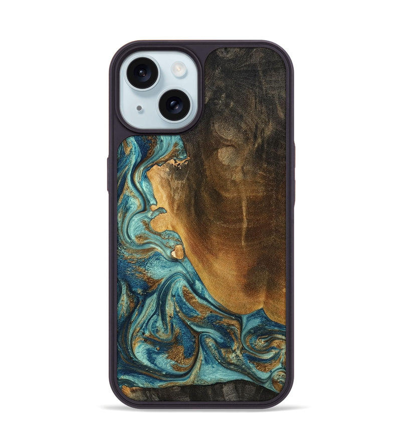 iPhone 15 Wood Phone Case - Linwood (Teal & Gold, 801455)