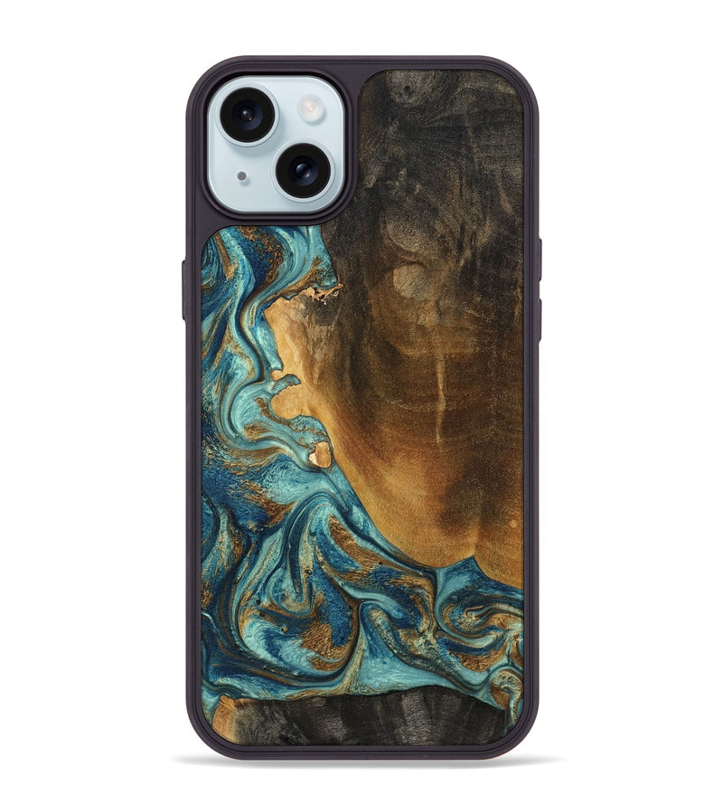 iPhone 15 Plus Wood Phone Case - Linwood (Teal & Gold, 801455)