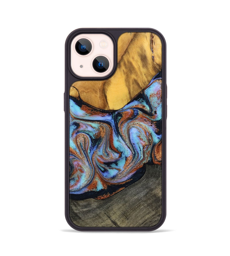 iPhone 14 Wood Phone Case - Devonte (Teal & Gold, 801456)