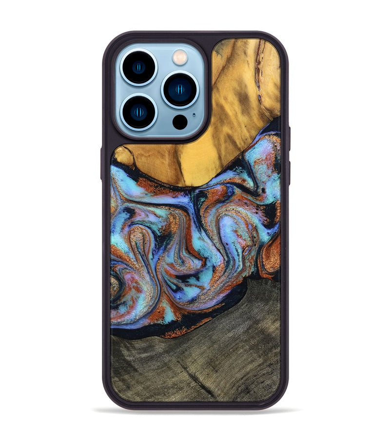 iPhone 14 Pro Max Wood Phone Case - Devonte (Teal & Gold, 801456)