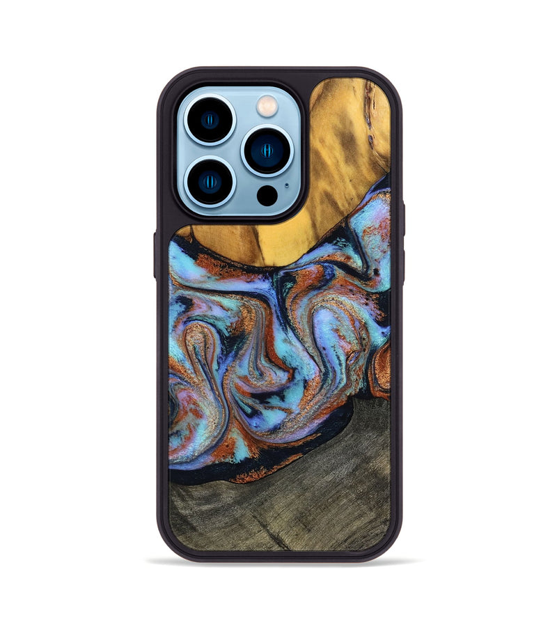 iPhone 14 Pro Wood Phone Case - Devonte (Teal & Gold, 801456)