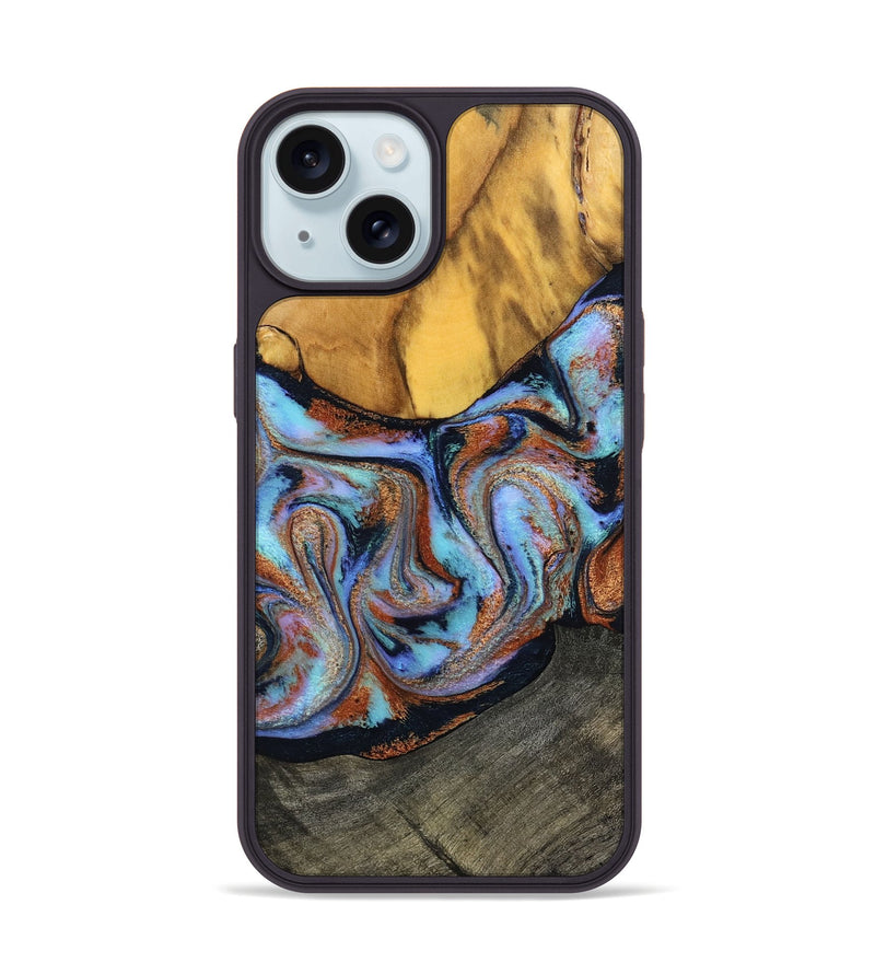 iPhone 15 Wood Phone Case - Devonte (Teal & Gold, 801456)