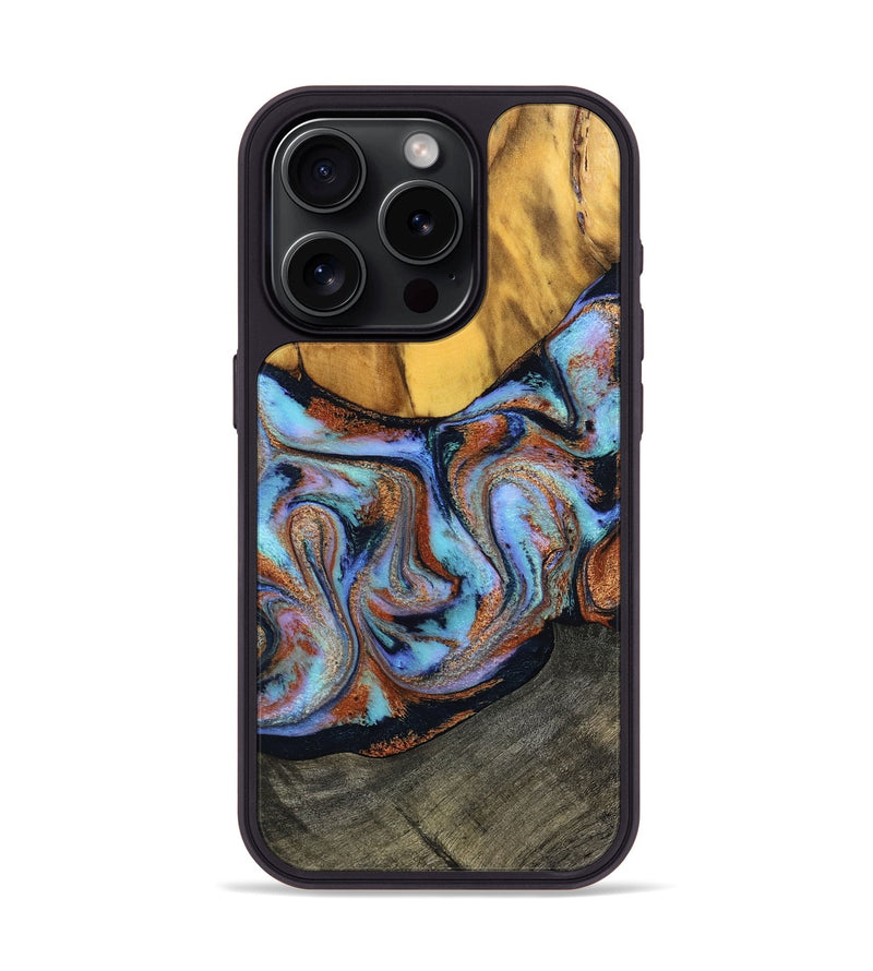 iPhone 15 Pro Wood Phone Case - Devonte (Teal & Gold, 801456)