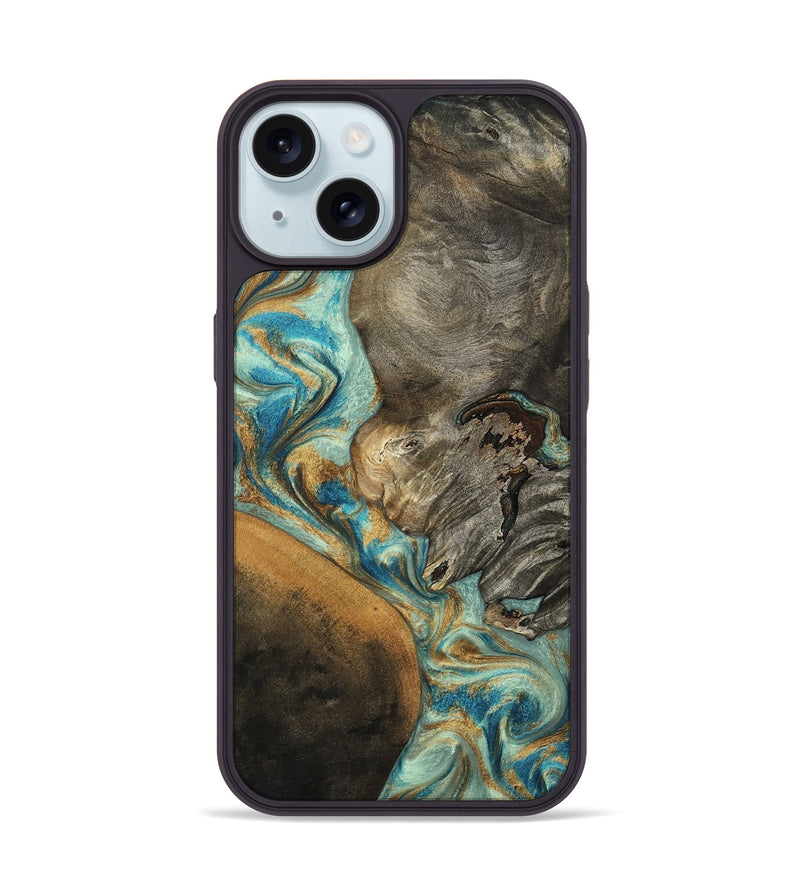 iPhone 15 Wood Phone Case - Leota (Teal & Gold, 801458)
