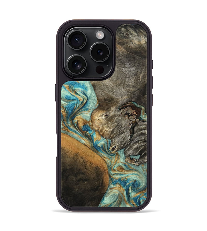 iPhone 16 Pro Wood Phone Case - Leota (Teal & Gold, 801458)