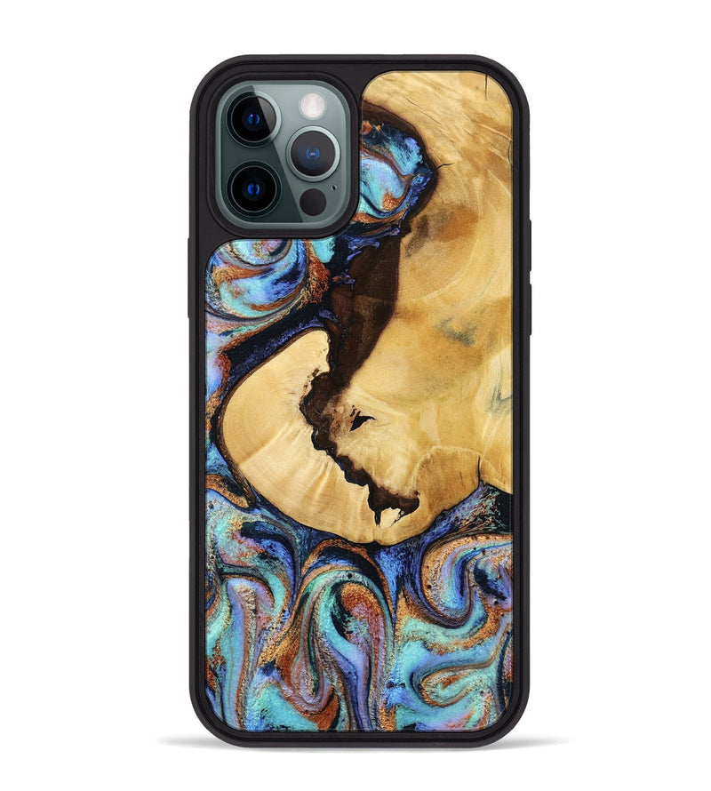 iPhone 12 Pro Max Wood Phone Case - Joy (Teal & Gold, 801459)