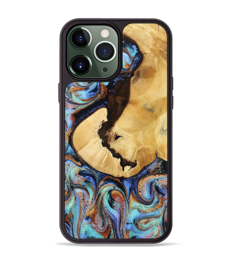 iPhone 13 Pro Max Wood Phone Case - Joy (Teal & Gold, 801459)
